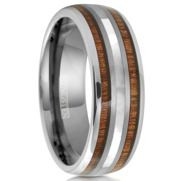 Polished silver tungsten carbide low dome ring w/ mother-of-pearl & Koa wood inlays | White upright photo