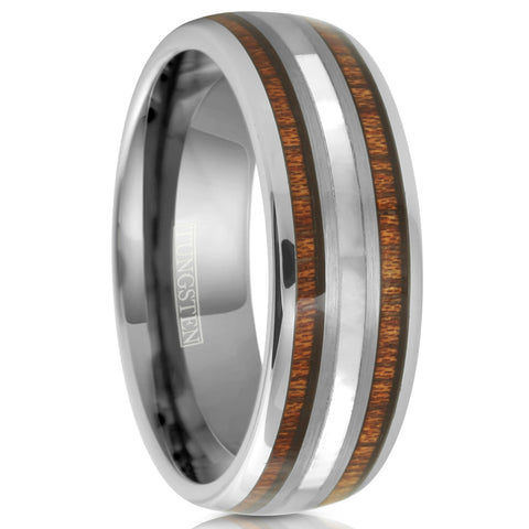 Polished silver tungsten carbide low dome ring w/ mother-of-pearl & Koa wood inlays | White upright photo