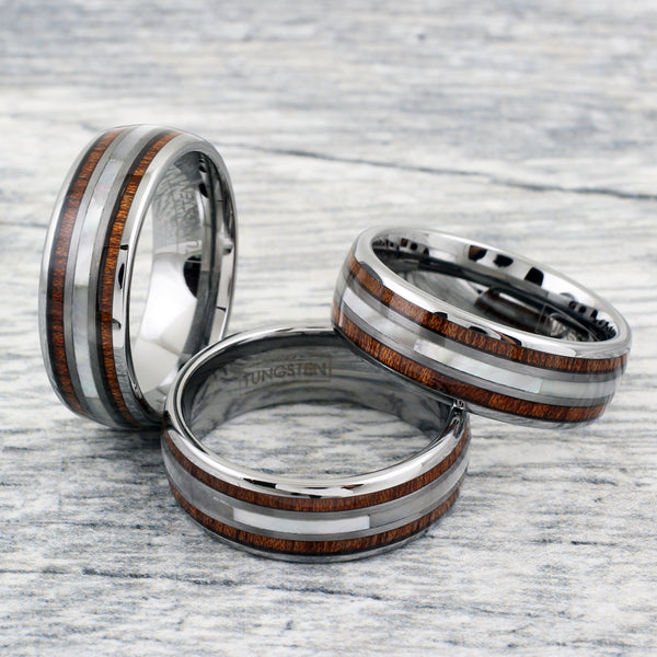 Polished silver tungsten carbide low dome ring w/ mother-of-pearl & Koa wood inlays | Group photo