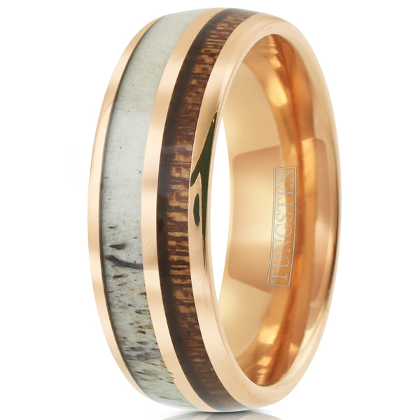 8mm rose gold tungsten carbide dome band ring | deer antler & koa wood inlays | white photo