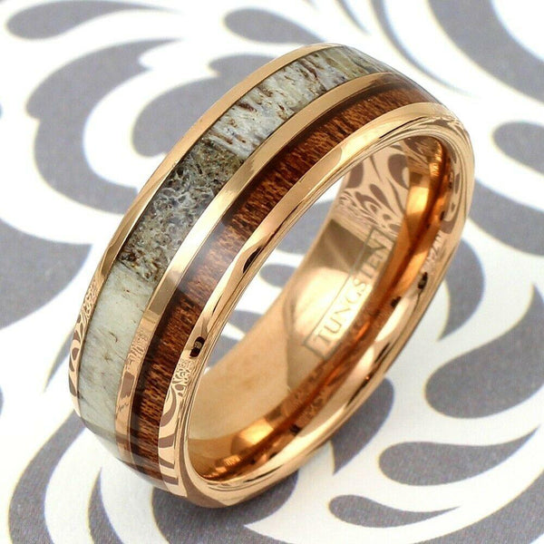 8mm rose gold tungsten carbide dome band ring | deer antler & koa wood inlays | card photo