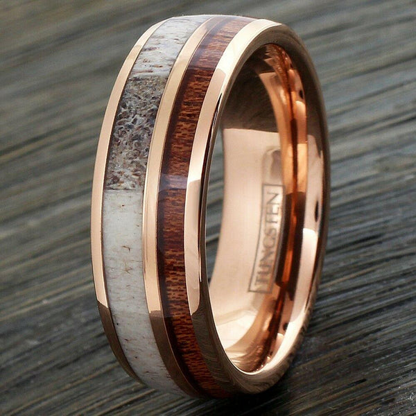 8mm rose gold tungsten carbide dome band ring | deer antler & koa wood inlays | wood photo