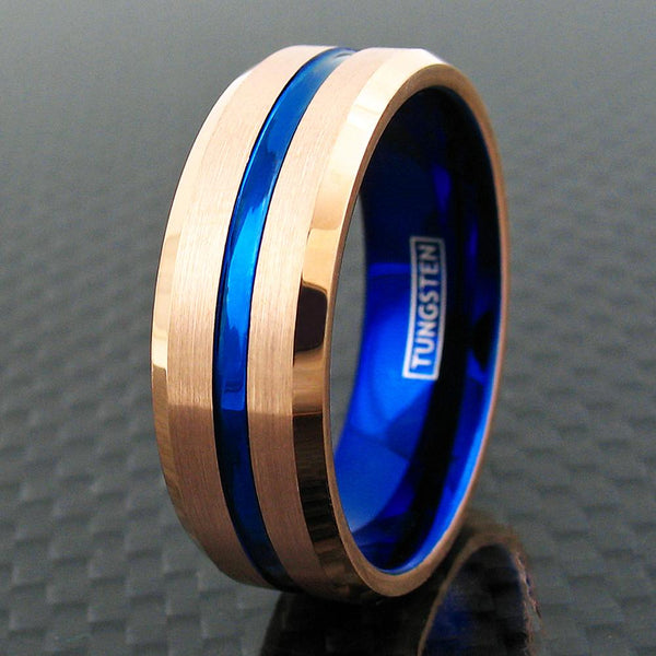 Elegant Two-Tone Rose Gold Tungsten Ring w/ Recessed Thin Blue Line Stripe, Polished Beveled Edges, and Blue Inner Band. Couple Ring.