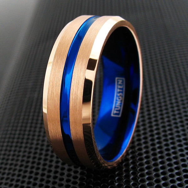 Elegant Two-Tone Rose Gold Tungsten Ring w/ Recessed Thin Blue Line Stripe, Polished Beveled Edges, and Blue Inner Band. Couple Ring.