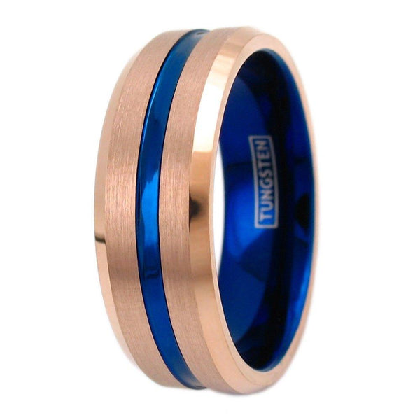 8mm rose gold tungsten ring w/ blue stripe & blue inner band | Wholesale tungsten rings - wedding bands | Upright photo