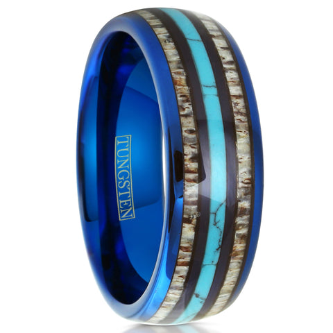Royal blue tungsten carbide low dome ring w/ blue turquoise & deer antler inlays | White Upright photo