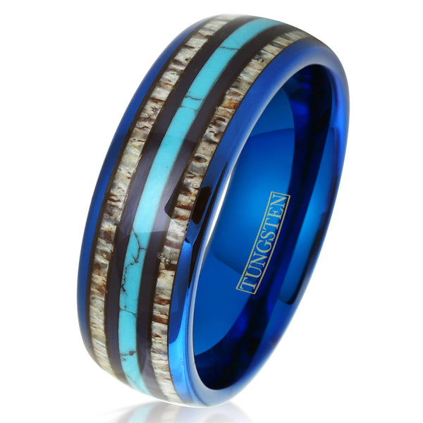 Royal blue tungsten carbide low dome ring w/ blue turquoise & deer antler inlays | White tilted photo