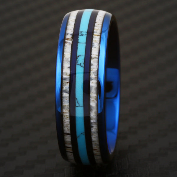 Royal blue tungsten carbide low dome ring w/ blue turquoise & deer antler inlays | Black front photo