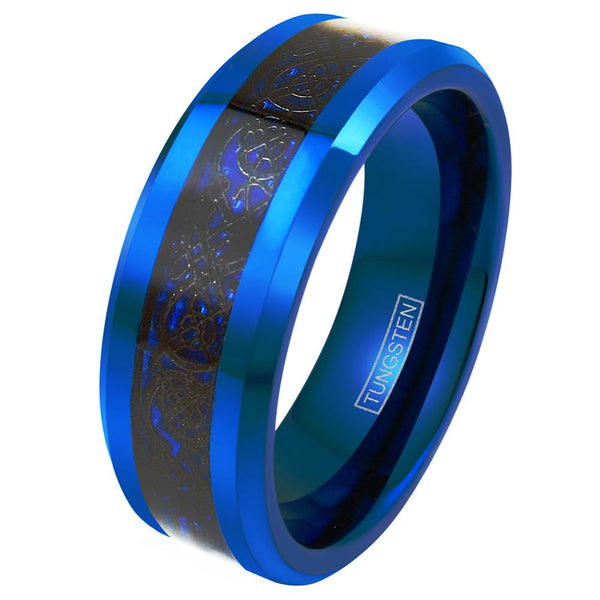 Blue tungsten ring with black Celtic dragon on blue faux carbon fiber inlay | Wholesale Tungsten Rings - wedding bands | Tilted photo