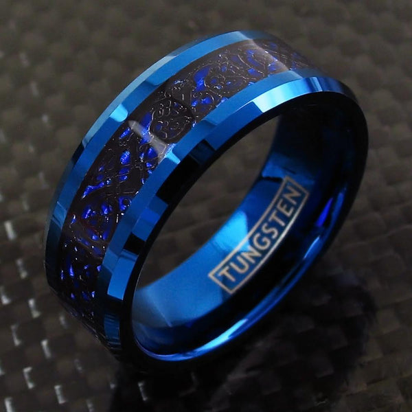 Blue tungsten ring with black Celtic dragon on blue faux carbon fiber inlay | Wholesale Tungsten Rings - wedding bands | Black photo