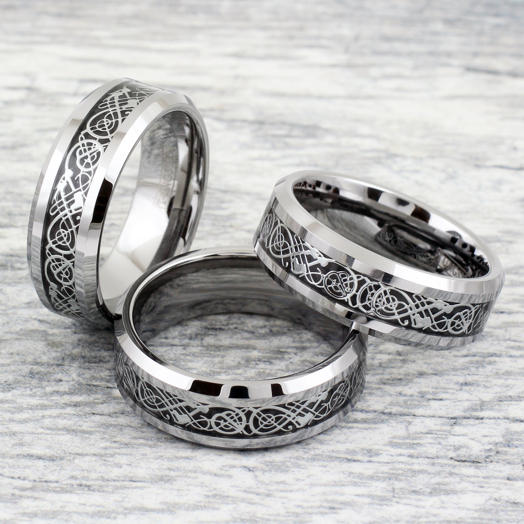 8mm Celtic Dragon Tungsten Carbide Ring - Silver Dragon With Black Background, Size 11, Comfort Fit