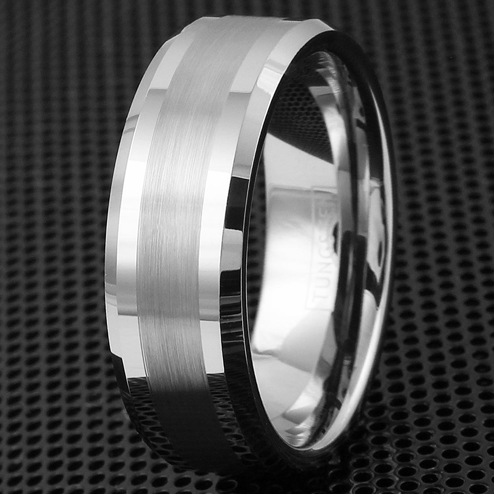 Stunning Silver Tungsten Ring with Beveled Edges and Half Brushed Finish  Half Polished Outer Band. For men and women.