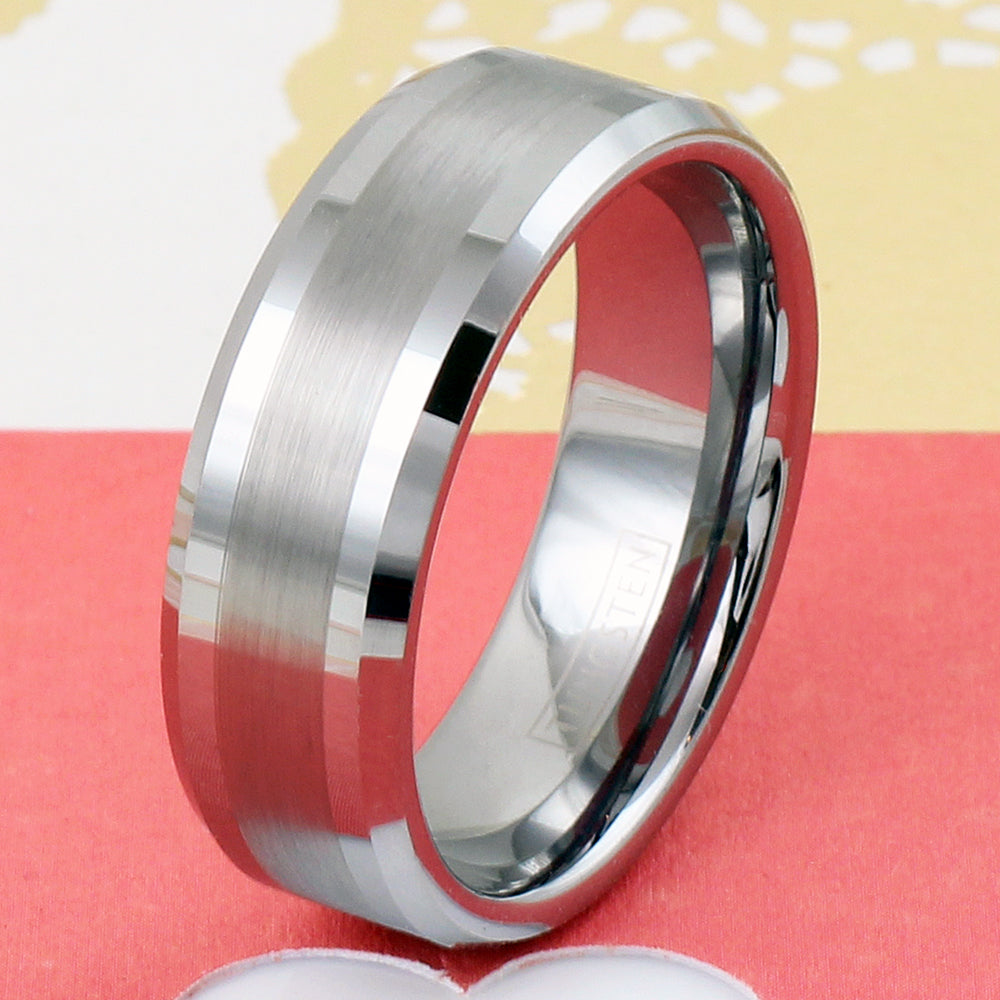 Stunning Silver Tungsten Ring with Beveled Edges and Half Brushed Finish  Half Polished Outer Band. For men and women.