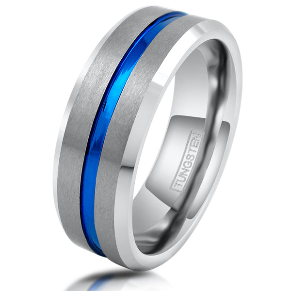Silver tungsten carbide ring w/ brushed finish & recessed thin blue line stripe | 8mm White photo