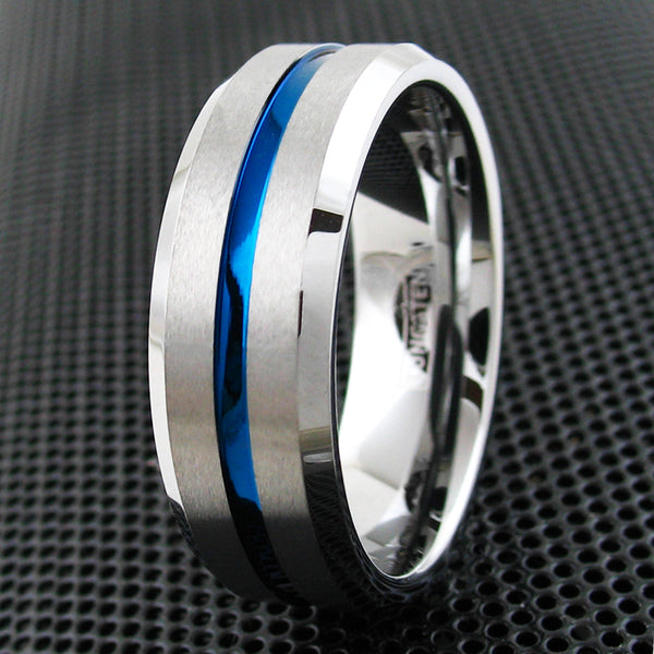 Silver tungsten carbide ring w/ brushed finish & recessed thin blue line stripe | 8mm Black photo