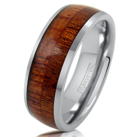 8mm mirror polished silver tungsten ring with natural koa wood inlay. Wholesale Tungsten Rings - Wedding Bands | Tilted Photo