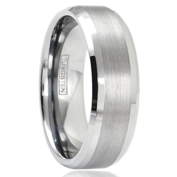8mm Silver 3/4 brushed satin finish tungsten carbide band ring | Beveled edges | Wide brush finish stripe | Main photo