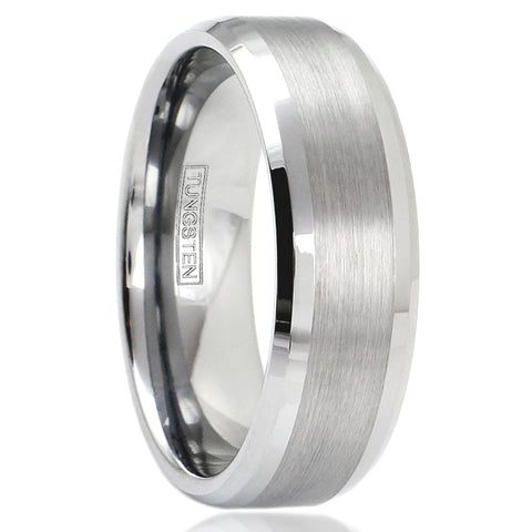 8mm Silver 3/4 brushed satin finish tungsten carbide band ring | Beveled edges | Wide brush finish stripe | Main photo