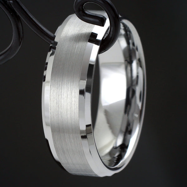 8mm Silver 3/4 brushed satin finish tungsten carbide band ring | Beveled edges | Wide brush finish stripe | Blk photo