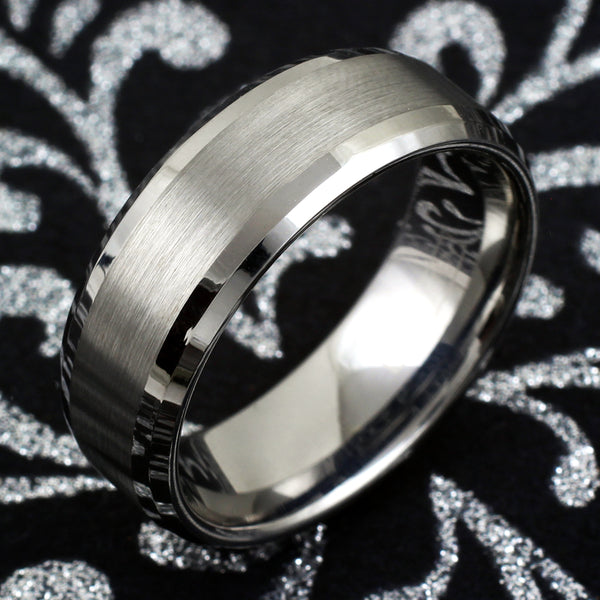 8mm Silver 3/4 brushed satin finish tungsten carbide band ring | Beveled edges | Wide brush finish stripe | Black/Silver photo