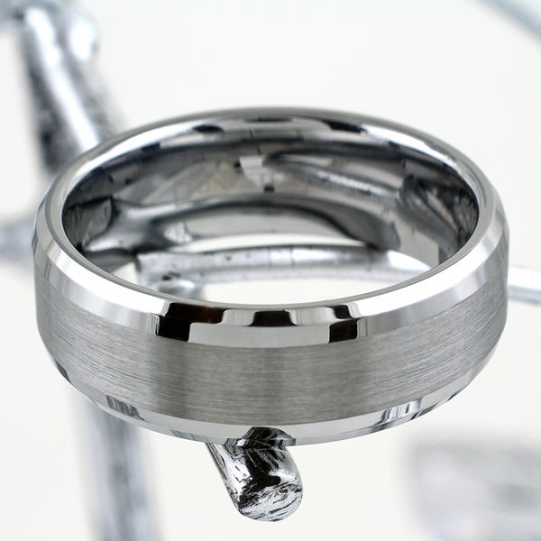 8mm Silver 3/4 brushed satin finish tungsten carbide band ring | Beveled edges | Wide brush finish stripe | Silver photo