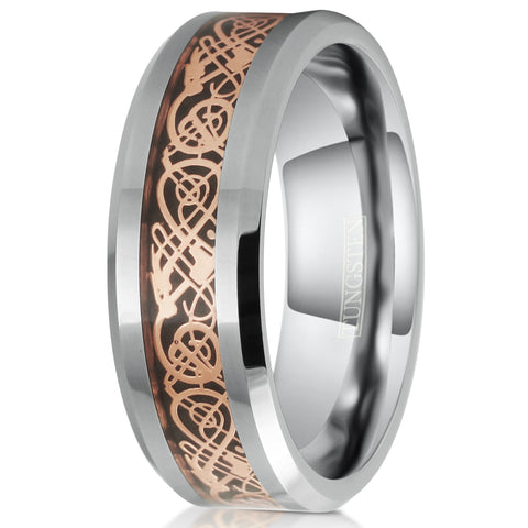 Silver tungsten carbide ring | Rose gold Celtic dragon on Black faux carbon fiber inlay | 8mm white tilted Photo.