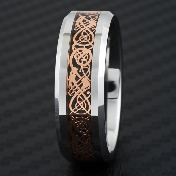 Silver tungsten carbide ring | Rose gold Celtic dragon on Black faux carbon fiber inlay | 8mm black front Photo.