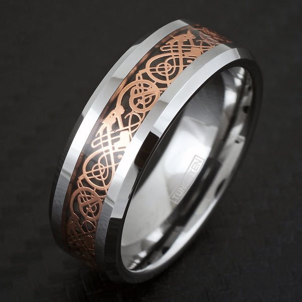 Silver tungsten carbide ring | Rose gold Celtic dragon on Black faux carbon fiber inlay | 8mm black tilted Photo.