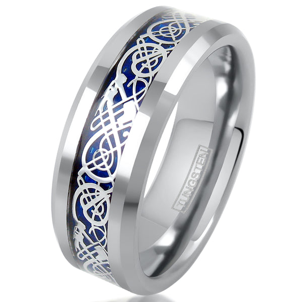 Polished silver tungsten carbide ring w/ silver Celtic dragon on sapphire blue faux carbon fiber inlay | White Photo