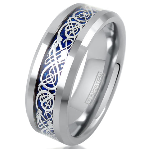 Polished silver tungsten carbide ring w/ silver Celtic dragon on sapphire blue faux carbon fiber inlay | White Photo