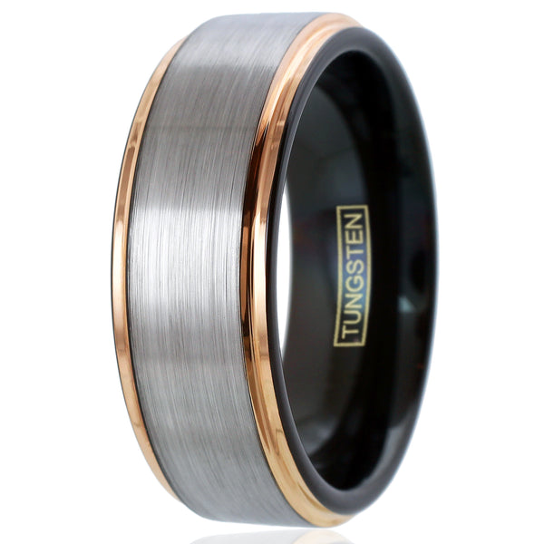8mm Silver tungsten carbide band ring w/ black inner band & rose gold stepped edges | 8mm Upright Photo