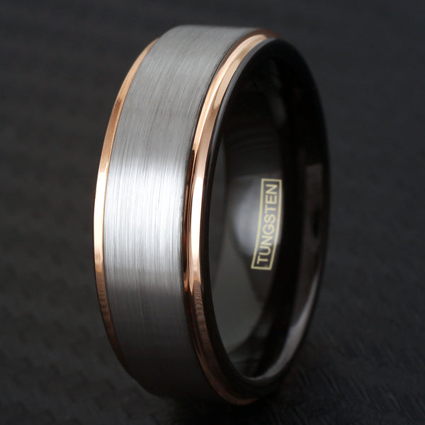 8mm Silver tungsten carbide band ring w/ black inner band & rose gold stepped edges | 8mm Black Photo