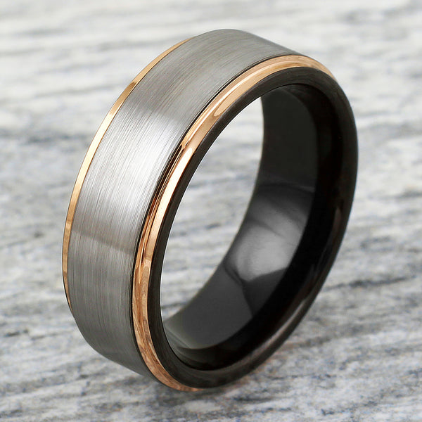 8mm Silver tungsten carbide band ring w/ black inner band & rose gold stepped edges | 8mm Marble Photo