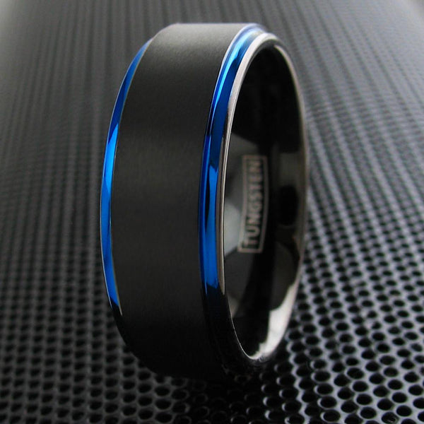 Black tungsten ring w/ satin band & blue stepped edges | Wholesale tungsten rings - wedding band | Grill photo