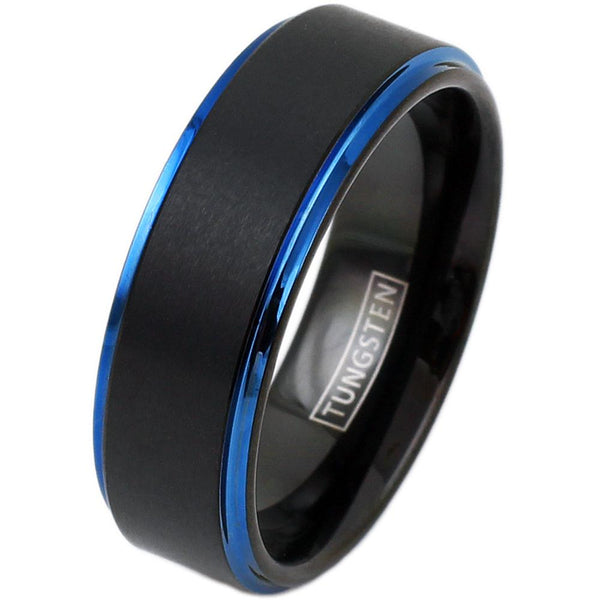 Black tungsten ring w/ satin band & blue stepped edges | Wholesale tungsten rings - wedding band | Main photo