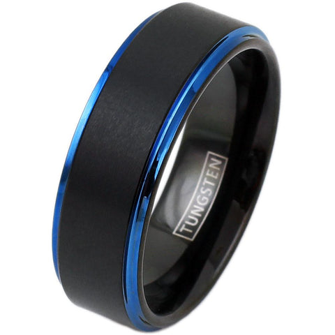 Black tungsten ring w/ satin band & blue stepped edges | Wholesale tungsten rings - wedding band | Main photo