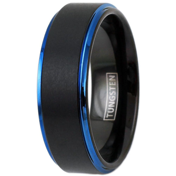 Black tungsten ring w/ satin band & blue stepped edges | Wholesale tungsten rings - wedding band | Upright photo