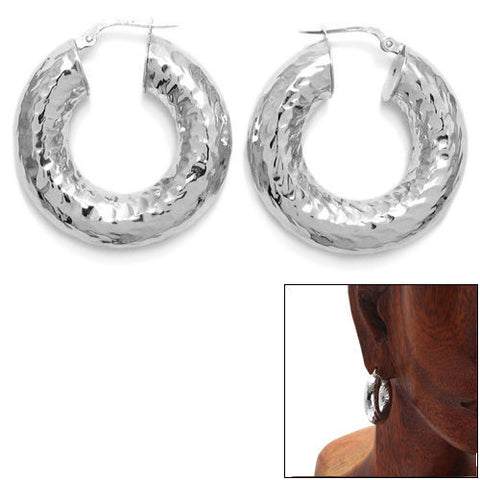 Gorgeous 8mm Wide Hammered Round Hoop Earrings | Wholesale Sterling Silver Jewelry | Main