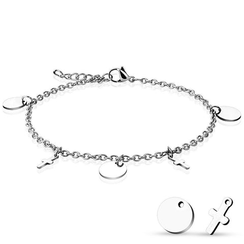 Polished 9"-10" Cross and Circle Charm Anklet | Wholesale 316L Stainless Steel Jewelry