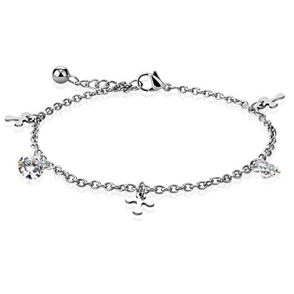 Pretty Stainless Steel 9"-10" Cross and CZ Anklet