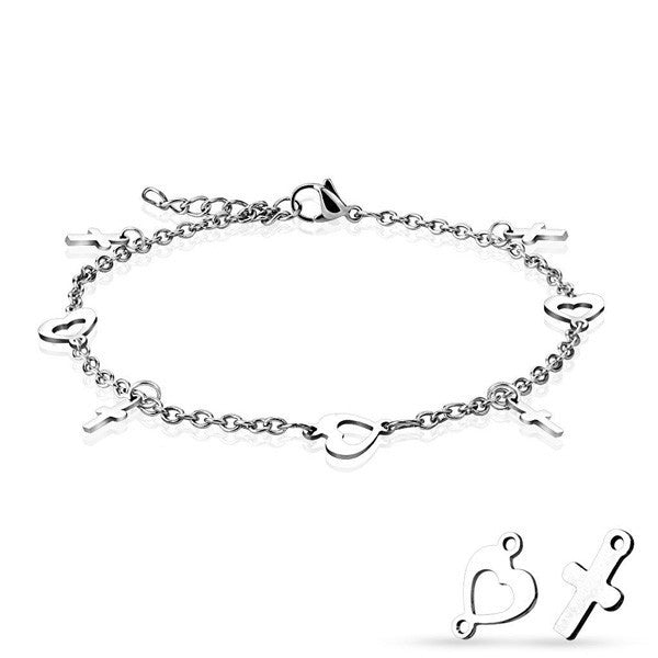 9"-10" Heart and Cross Charm Chain Anklet | Wholesale 316L Stainless Steel Jewelry 