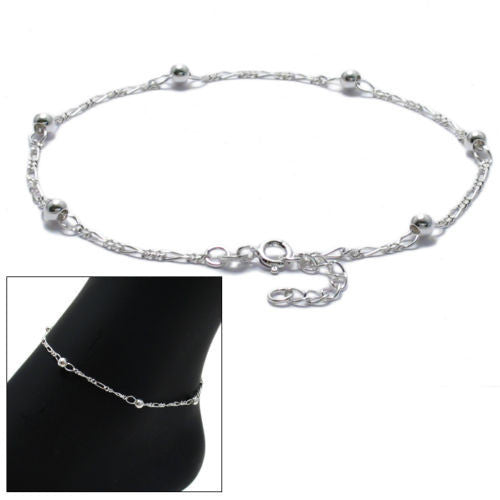 Classic Sterling Silver 9"-10" Adjustable Beaded Figaro Chain Ankle Bracelet.