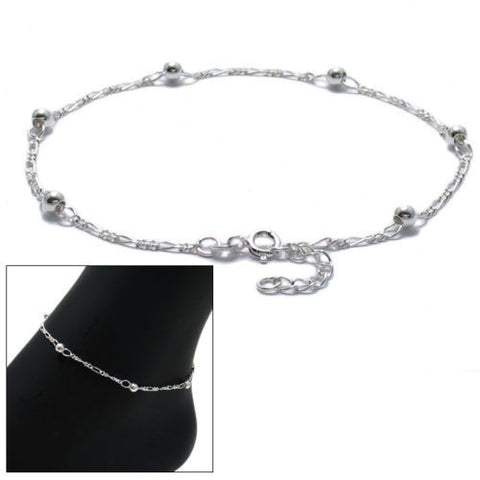 Classic Sterling Silver 9"-10" Adjustable Beaded Figaro Chain Ankle Bracelet.