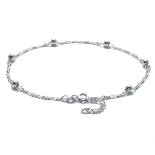 Classic Sterling Silver 9"-10" Adjustable Beaded Figaro Chain Ankle Bracelet.