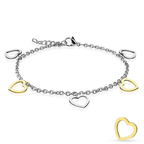 Lovely Stainless Steel 9"-10" Silver and Gold Ion Plated Heart Charm Ankle Bracelet.
