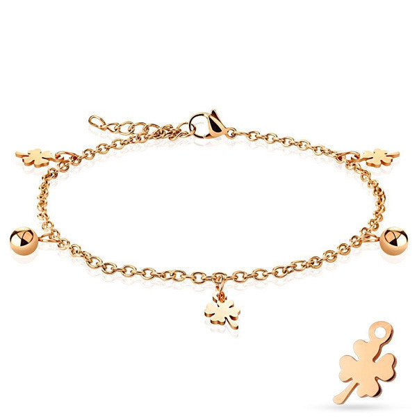 Stainless Steel 9"-10" Rose Gold Shamrock and Bead Ankle Bracelet Anklet