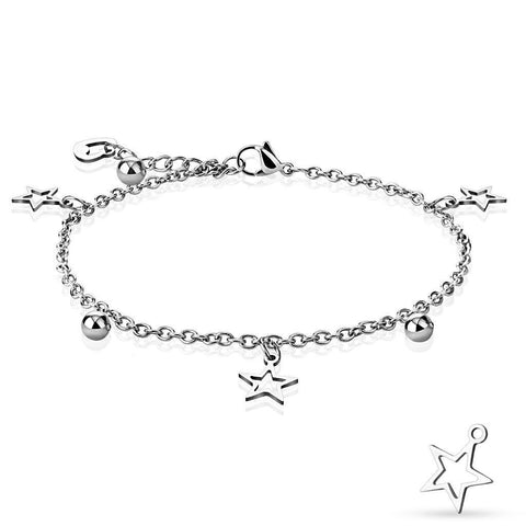 Glamorous 9"-10" Star, Ball and Heart Charm Anklet | Wholesale 316L Stainless Steel Jewelry 
