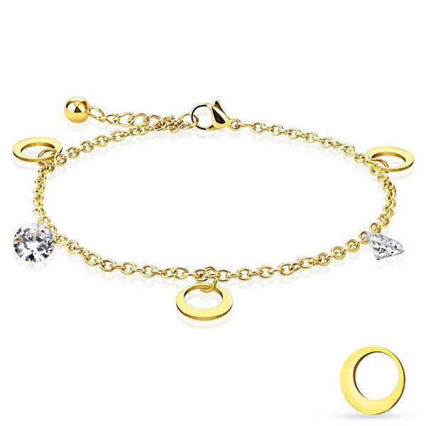 Gold Ion Plated Moon and CZ Charms Ankle Bracelet | Wholesale 316L Stainless Steel Jewelry | Alternate