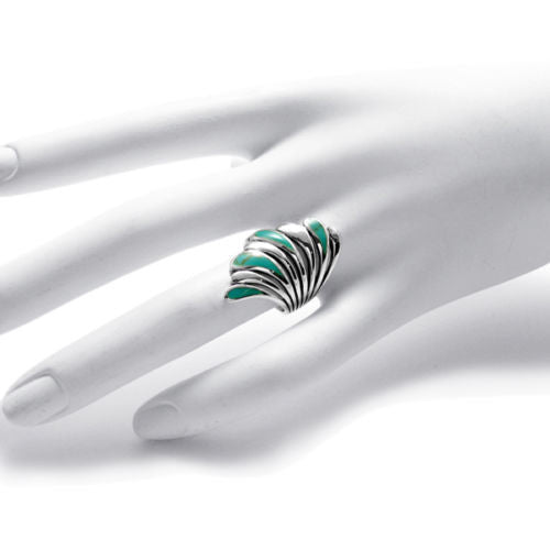 Fantastic Fan Ring with Blue Turquoise Inlay. Wholesale sterling silver rings. Hand photo.