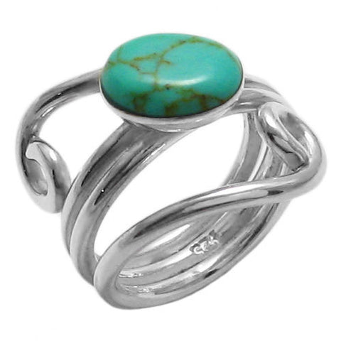 Art Deco swirly wrap ring with oval turquoise. Wholesale sterling silver rings. Main photo.